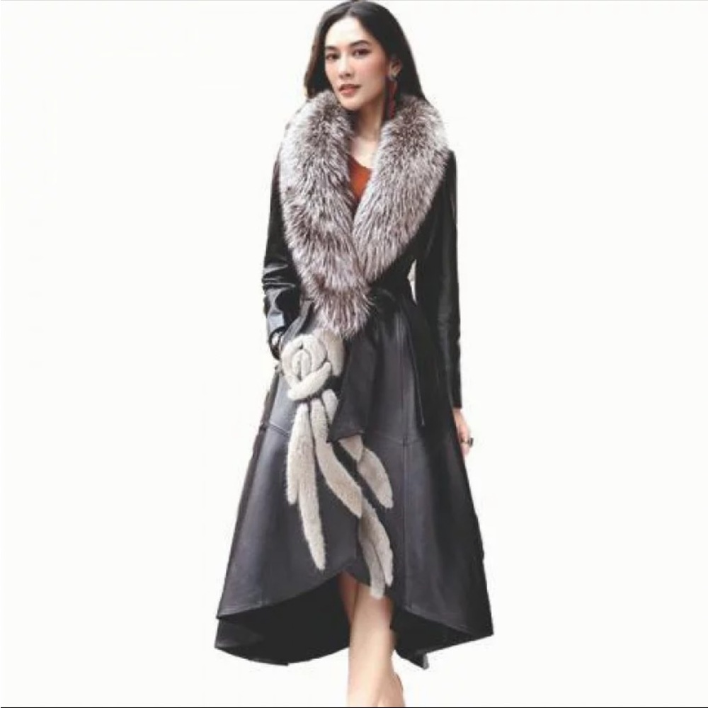 COPY - Black faux leather fur collar, ornate floral design, long jacket, coat M…